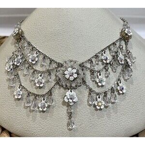 Luxurious Necklace & Earrings White Floral Crystals Princess Costume Fairycore